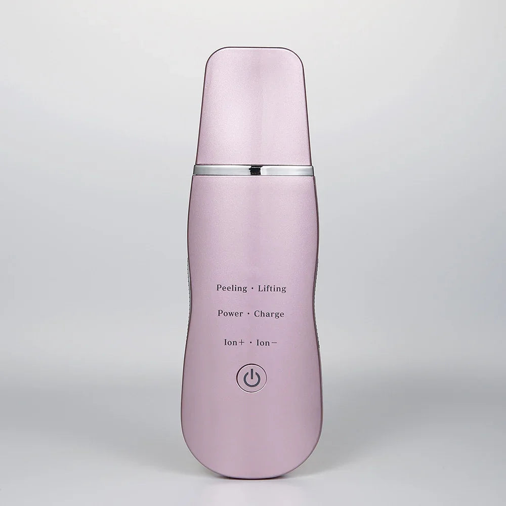 Pink ultrasonic skin scrubber facial device for peeling and lifting from GlamJust on white background