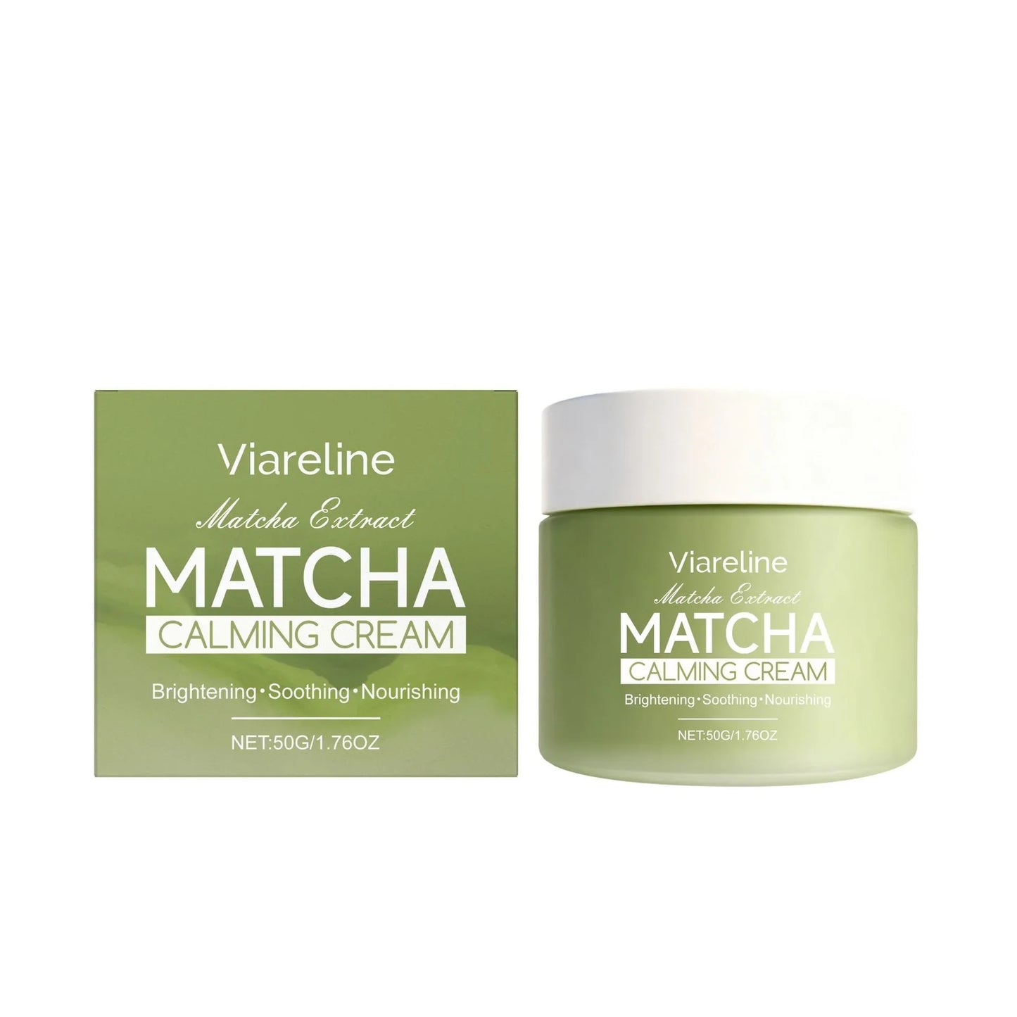 Viareline Matcha Calming Cream jar and box, premium skincare from GlamJust