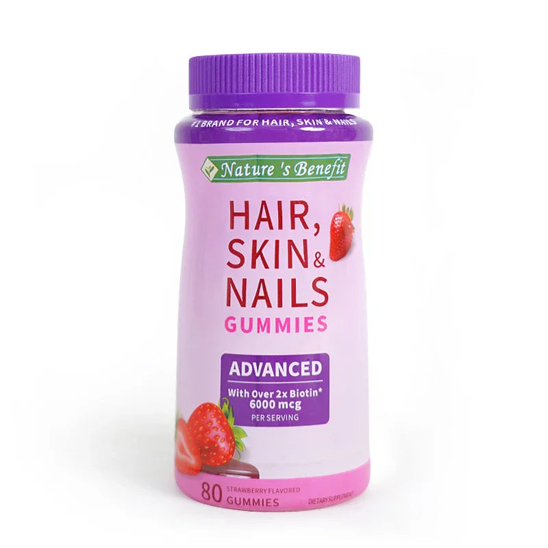 Nature's Benefit Hair, Skin & Nails Gummies bottle, strawberry flavor, on white background.