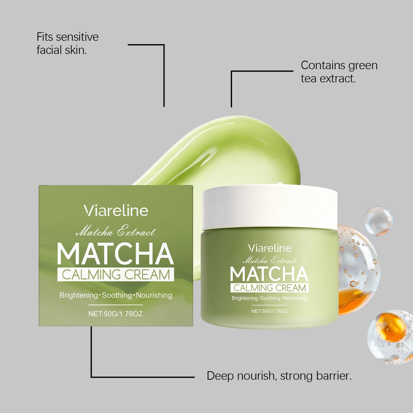 Matcha extract face cream: Nourishes dry skin, smooth texture, lightweight and easily absorbed, perfect for daily skincare.